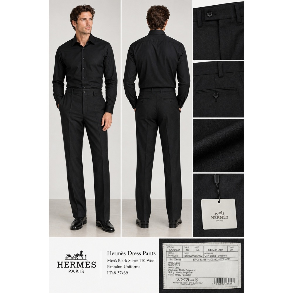 NWT Hermes Dress Pants Mens Black Super 110 Wool Pantalon Uniforme 37x39 $1,450